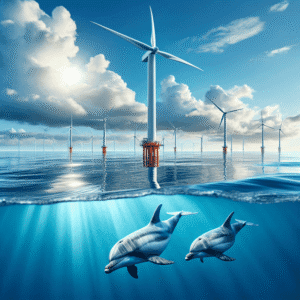 Parque eólico offshore instalado no mar com turbinas e impacto sobre a vida marinha